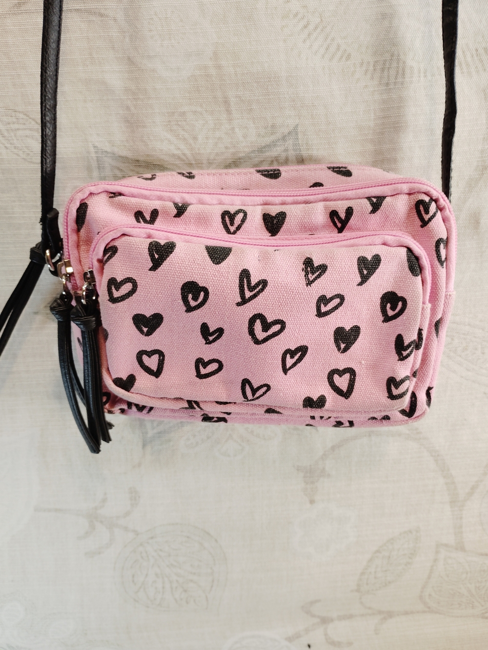 Pink With Black Heart Print Crossbody Bag